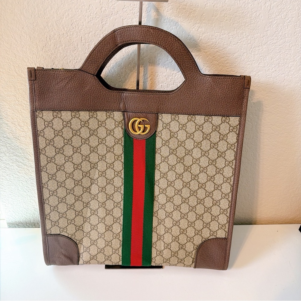 Gucci Beige GG Canvas Tote with Brown Trim and Green-Red Web